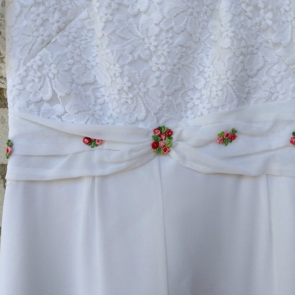 Vintage White Party Dress 29" Bust Bridal Gown Lace Flounce Sleeves Pink Flowers - Picture 5 of 15